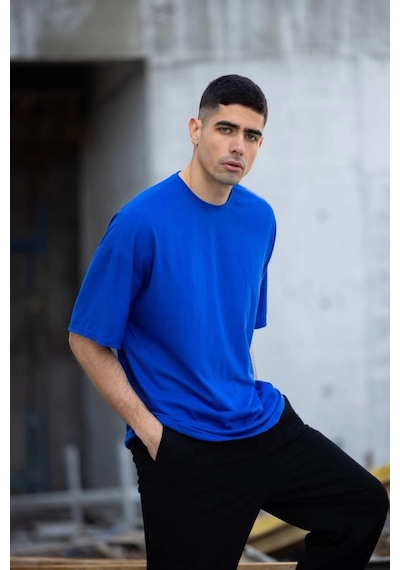 Unisex Düz Biskilet Yaka Oversize T-shirt - Mavi Mavi