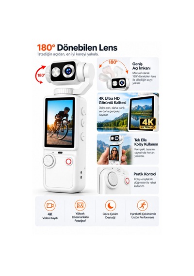 4k Ultra Hd Dijital Kamera 180 Dönen Lens Taşınabilir Video Fotoğraf Kamera 32gb Hafıza Kartı Hediye
