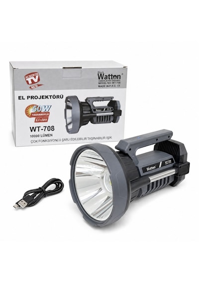 Watton Wt-708 50w Işık Gücü 10.000 Lümen Fonksiyonlu Projektör Fener