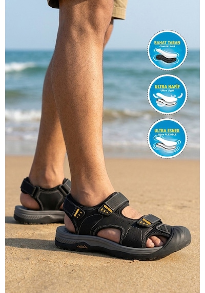 Voyager Erkek Outdoor Trekking Sandalet Kapalı Burun Cırtlı Günlük Yürüyüş Siyah E337 M