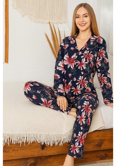 Remsa Büyük Beden Kadın Çiçek Desen Saphire Düğmeli Pijama Takımı 0503 Siyah06 Siyah06