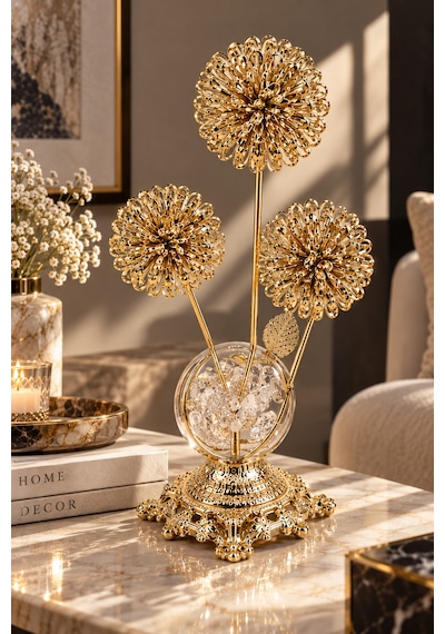 Sleep Nova Gold Çiçek Figürlü Kristal Taşlı Dekoratif Masa Aksesuarı