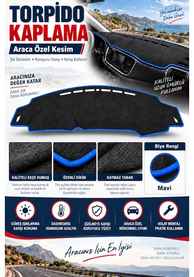 Trobus Seat İbiza 2008-2017 3d Torpido Koruma Kılıfı - Mavi Biye