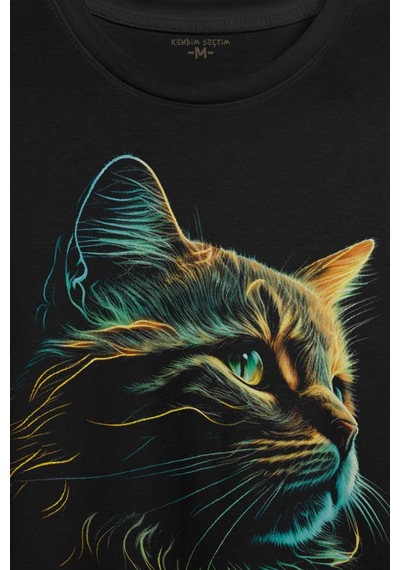Bıyıklı Kedi Minimal Çizim 3d Efektli Realist Siyah Baskılı Tişört Unisex T-shirt 001