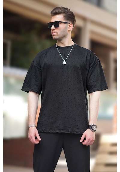 Madmext Siyah Oversize Yırtık Deyatlı Pamuklu Tişört 7032-siyah Siyah