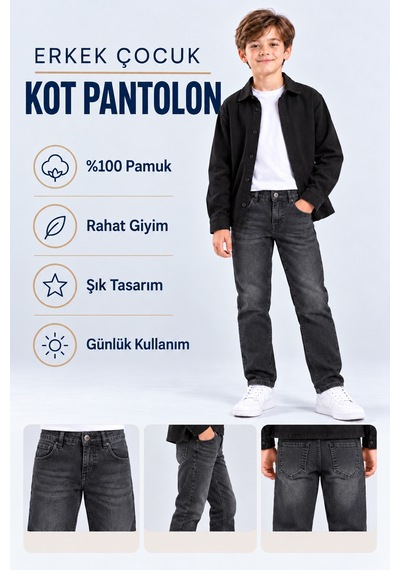 Ahengim Erkek Çocuk Kot Pantolon Likralı Yıpratmalı Fit Düz Paça Cepli Jean Ak1213 Gri