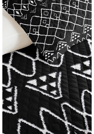 Siyah Etnik Geometrik Genç Odası Tek Kişilik Pike Takımı - Modern 160x220 Cm Kapitone Yatak Örtüsü Kışlık Vadi Kabuğu