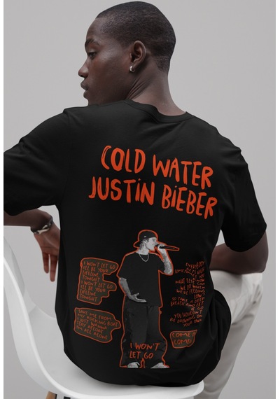 Sevbano Cold Water Justin Bieber Sırt Baskılı Unisex Oversize Şarkıcı Tiş Siyah