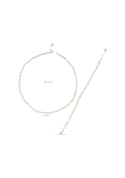 4,5 Mm Doğal İnci Sıralı Kolye Bileklik Küpe Üçlü Set 55 Cm Gümüş