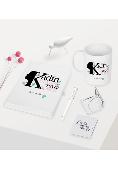 Kişiye Özel Kadınlar Günü Temalı Beyaz Defter Kalem Kupa Ayna Set (412644401)