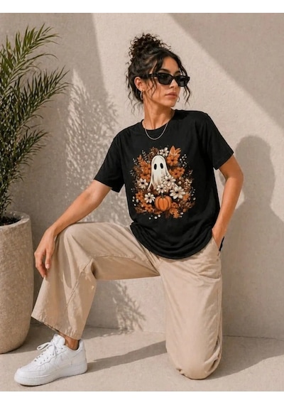 Defymoda Balkabağı Hayalet Baskılı Tişört Kısa Kol Yazlık T-shirt - Siyah