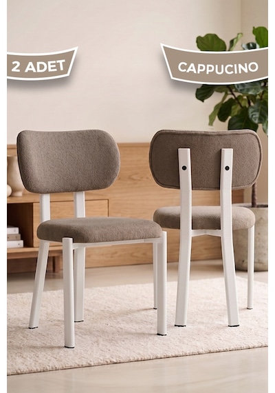 Arlesa Serisi 2 Adet Bukle Kumaş Beyaz Metal İskeletli Mutfak Sandalyesi Cappucino- Beyaz