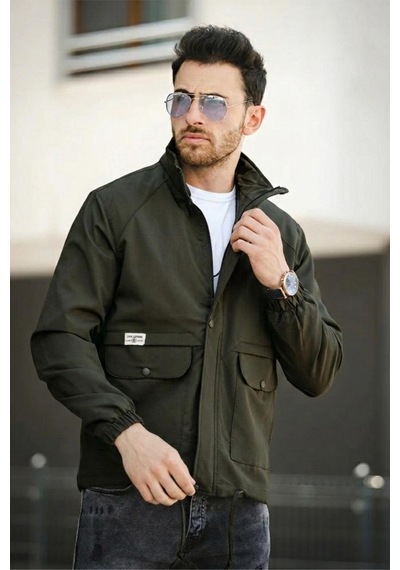 Oksit Juan Slim Fit Su İtici Bağcık Detaylı Kapüşonlu Erkek Mevsimlik Mont Yağmurluk Haki