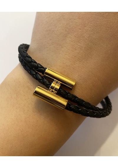 Unisex Siyah Renk Sarmal Deri Bileklik Gold