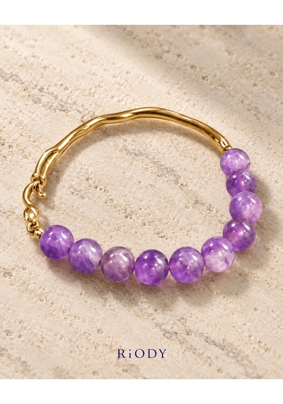 Riody Onde Violette Mor Yuvarlak Boncuklu Gold Renkli Dalgalı Metal Detaylı Zarif Kadın Bileklik Açık Mor