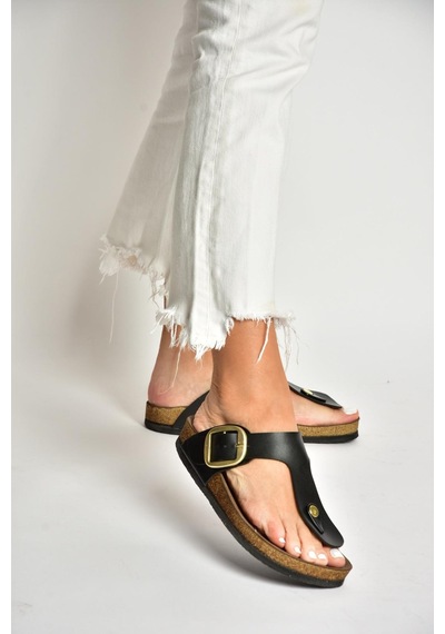 Fox Shoes U777917009 Siyah Parmak Arası Kadın Terlik Siyah-suni Deri Siyah