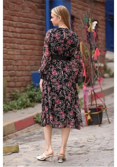 Neşeli Butik Kadın Kırmızı Kemerli Yakası Büzgülü Uzun Şifon Elbise Rssn27 Kırmızı