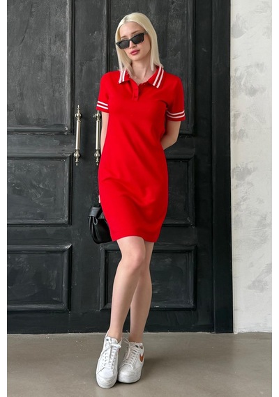 Madmext Kırmızı Polo Yaka Şerit Detaylı Kadın Elbise Mg2344