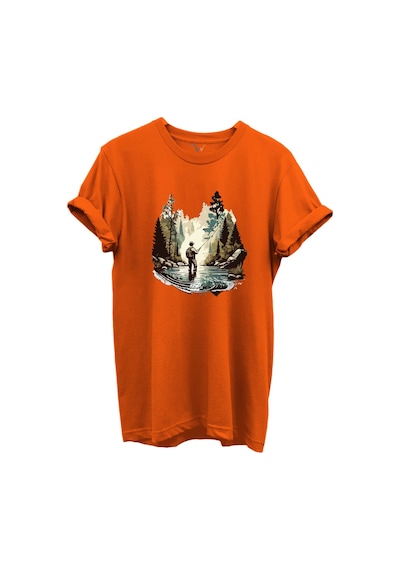Balık Tutma Temalı Kampçı Desenli %100 Pamuk Regular Fit Unisex T-shirt Turuncu