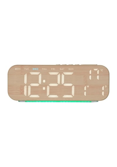 Büyük Ekranlı Ahşap Desenli Dijital Masa Saati 24x9x3 Cm Alarm Çalar Saat Rgb Renkli Led Işıklı Usb Ve Pil Bej
