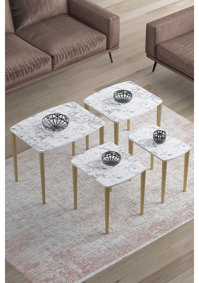 Canisa Concept Telwe Serisi Üst Kalite Mdf 4lü Zigon Sehpa Takımı Beyaz Mermer Desenli / Gold Tablalar Beyaz Mermer / Ayaklar Gold