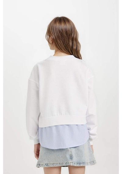 DeFacto Kız Çocuk Relax Fit Bisiklet Yaka Etek Ucu Detaylı Sweatshirt D0703A824AUWT34 Beyaz