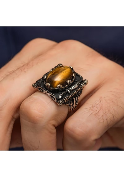 Oval Kaplan Gözü Taşlı Elifvav 925 Ayar Gümüş Yüzük Beyaz
