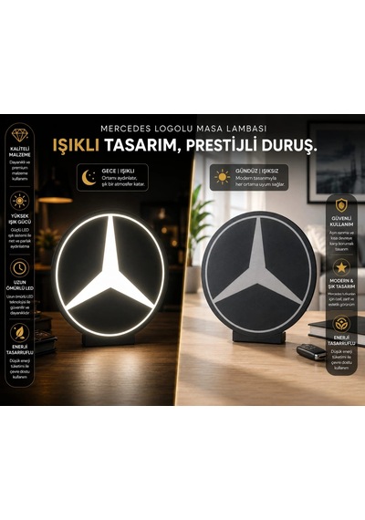 Mercedes Masa Lambası , Mercedes Logolu Led Işıklı Masa Lambası , Mercedes Gündüz Gece Masa Lambası Siyah