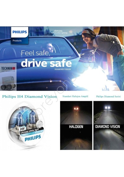 Phılıps H4 Diamond Vision 5000 Kelvin Beyaz Işık Ampul Seti