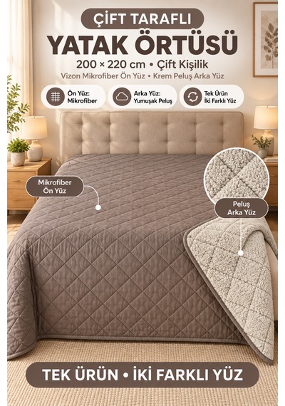 Cloud Soft Çift Taraflı Mikrofiber Peluş Çift Kişilik Yatak Örtüsü 200x220 Cm Vizon