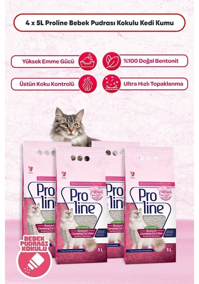 Prolıne Bebek Pudrası Kokulu Bentonıt Kedi Kumu 5 Lt X 4 Adet