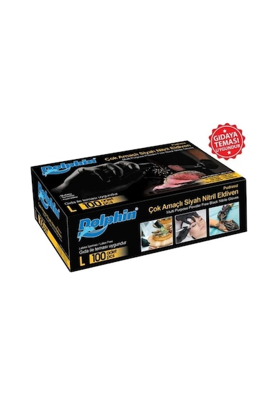 Dolphin Tek Kullanımlık Lateks Siyah Pudrasız Nitril Muayne Eldiveni Large - 100'lü 20 Paket
