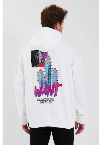 Modi Green Modern Sanat Baskılı Erkek Beyaz Üç İplik Kapüşonlu Sweatshirt