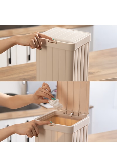 Porsima G-853 Linny Kare Çöp Kutusu Banyo Mutfak Çöp Kovası Kapaklı Banyo Çöp Kovası 10lt Bej