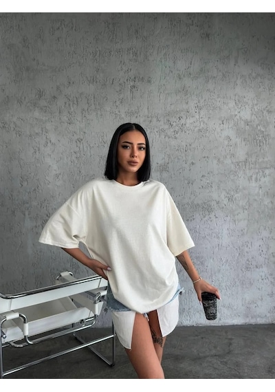 Kadın Düz T-shirt Kısa Kol Bisiklet Yaka Ovarsize Rahat Kalıp Günlük Tişört - Beyaz Beyaz