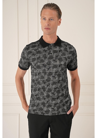 Efor Slim Fit Dal Yaprak Desen Polo Yaka Pamuklu Siyah Tişört Ts 884 Siyah