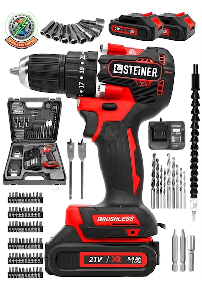 Steiner 21 V Darbeli Profesyonel Kömürsüz Motor Metal Şanzıman Çift Akülü Şarjlı Vidalama Matkap 84 Parça Kırmızı