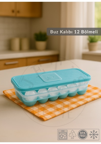 12 Bölmeli Buz Kalıbı Esnek Silikon Buz Küpü Bpa Free Kare Bas Parmak Buzluk Çapı 3,5 Cm Mavi Yeşil