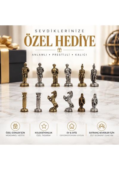Lüks Metal Satranç Takımı Osmanlı Bizans Figürlü Krom Mavi Mermer Desenli 20x20 Premium Hediye Seti