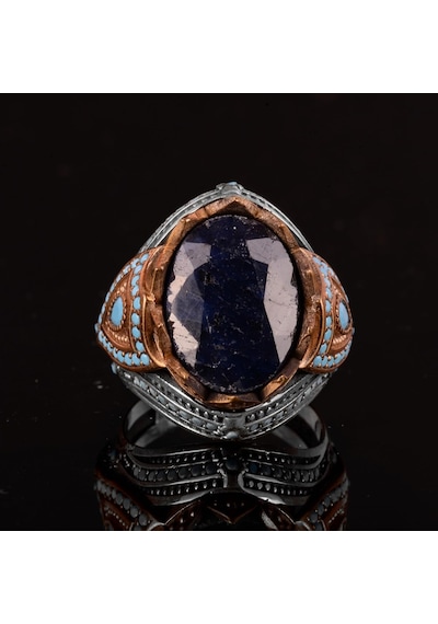 Gerçek Doğal Safir Taşlı Yüzük, 925 Ayar Gümüş Erkek Yüzüğü Gümüş
