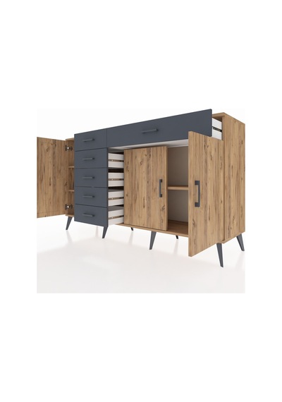 Kronos Konsol 3 Raflı 6 Çekmeceli 3 Kapaklı 176x59x99 Çam-çam/ant Çam-çam/antrasit