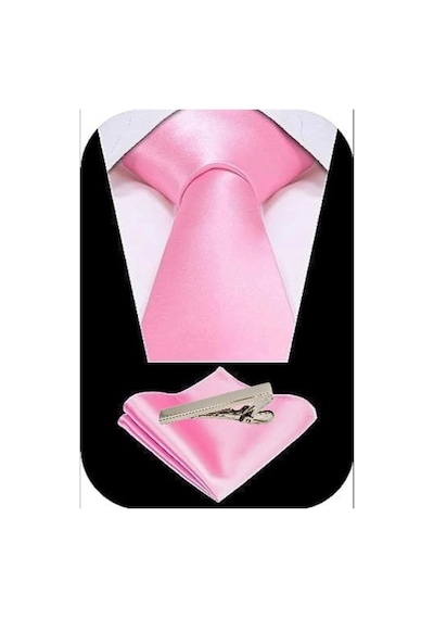 Tezzgelsin Erkek Saten Kravat Mendil Ve Silver Çelik Kravat İğne Set Açık Pembe