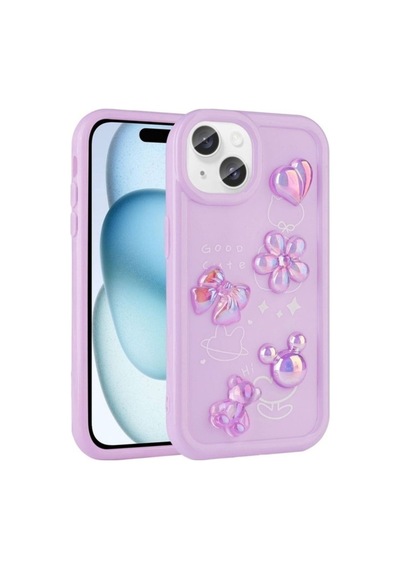 Apple Uyumlu iPhone 14 Plus Kılıf Kabartma Figürlü Parlak Zore Toys Silikon Kapak Mor