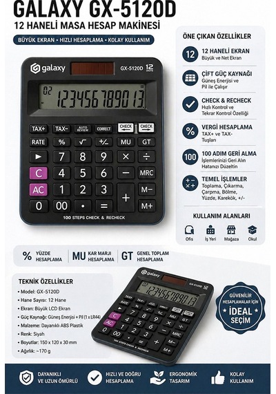 Hesap Makinesi Siyah 12x14.5 Cm 1 Adet Galaxy Gx-5120d 12 Haneli Orta Boy Ofis Büro Masaüstü Hesap Makinası