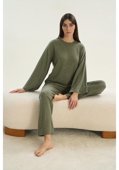 Sevim Kadın Uzun Kol Haki Viskon Pijama Takım C7t8n9o51 001