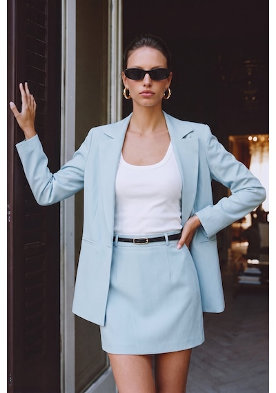 Sateen Keten Görünümlü Mini Etek - Bebe Mavi-137745 Bebe Mavisi