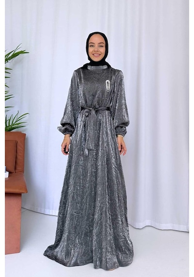 Kahijab Broş Detay Elbise - Antrasit