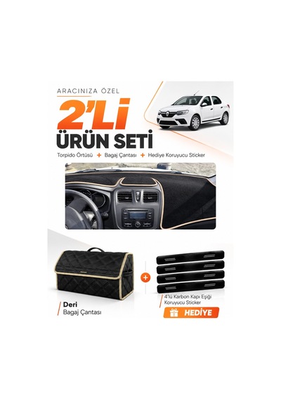 Renault Symbol Uzun Tip.2 2013-2021 Uyumlu Torpido Örtüsü + Deri Bagaj Çantası Seti - Siyah Bej