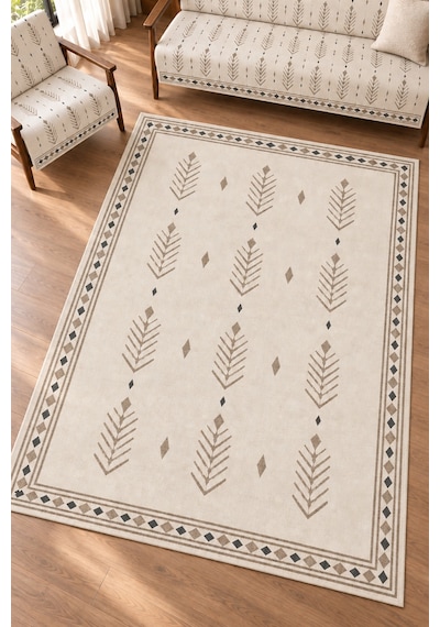 3 Lü Set 2 Adet 165x215 Cm Koltuk Örtüsü + 1 Adet 6m2 180x280 Cm Kaymaz Taban Dijital Baskılı Halı Bej