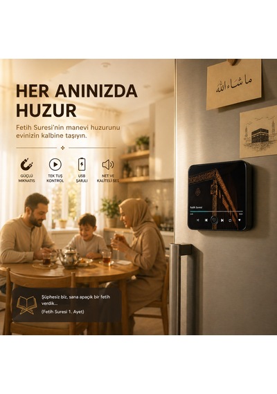 Fetih Suresi Çalan Kabe Temalı Dijital Buzdolabı Magneti Usb Şarjlı 4 Saat Kesintisiz Çalışma Manevi Hediye Siyah